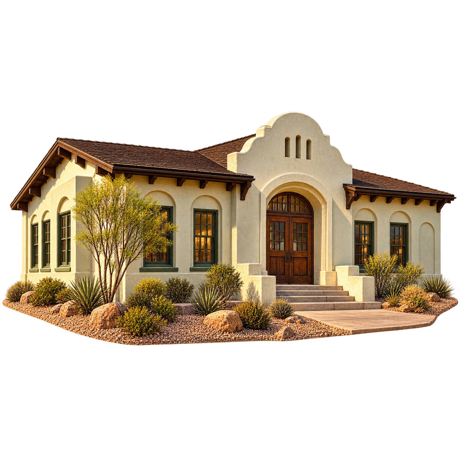 Illustrated historic school building with Mission Revival entrance