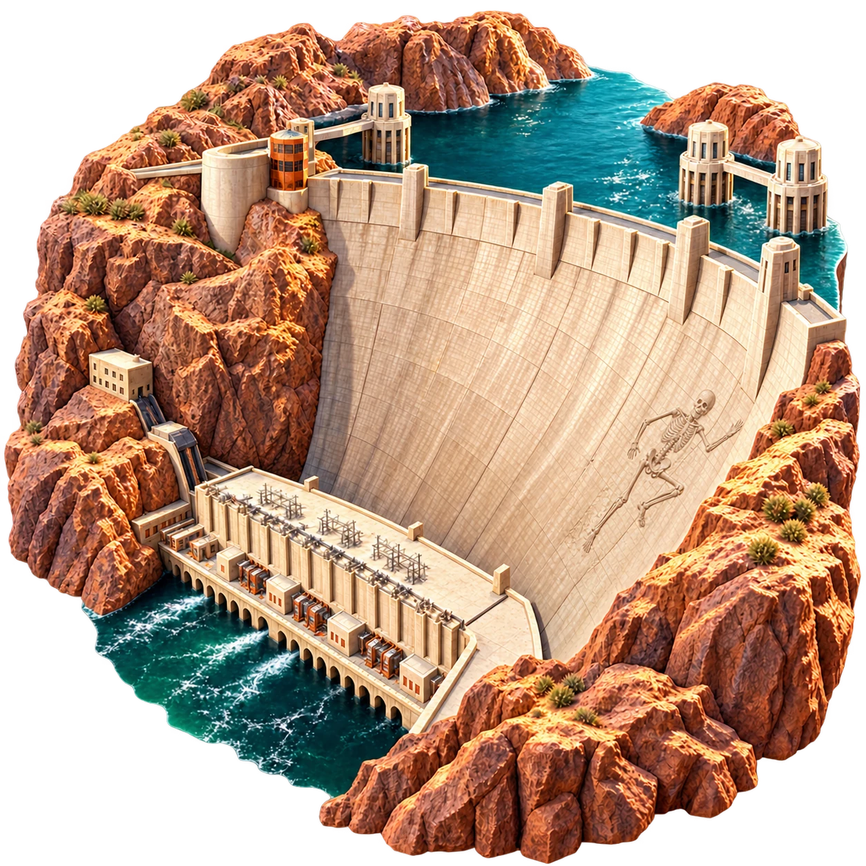 Original Plot Luck Hoover Dam artwork showing the curved wall between canyon cliffs and the turquoise reservoir