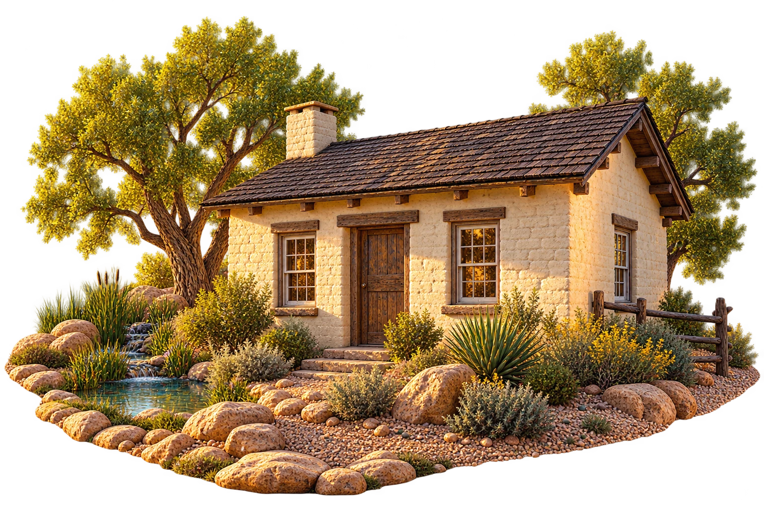 Illustration of the historic Kiel Ranch adobe cottage and spring-fed oasis